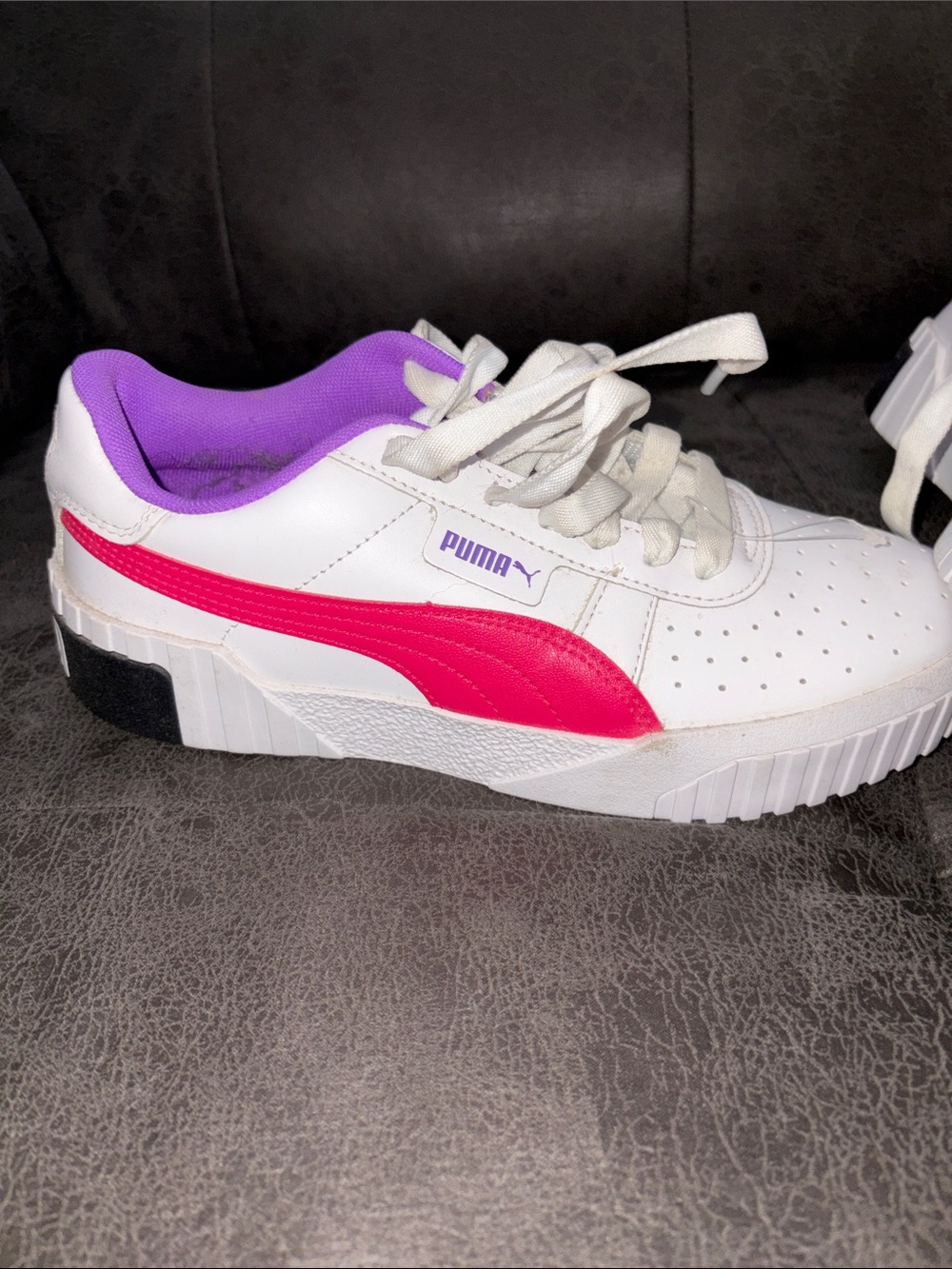 Puma White Sneakers with Hot Pink Stripe and Purple Lining
